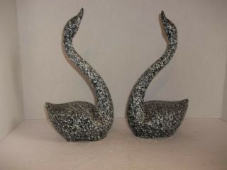 2 Vintage Splatter Speckled Glaze Black & White Ceramic Swan Goose Figurines 11 "