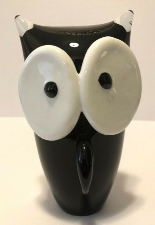 Hand Blown Black And White Art Glass Owl Figurine 6 " Tall