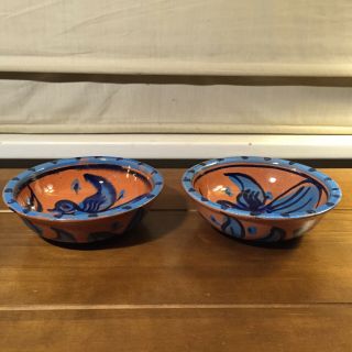 2 Porches Pottery Terra Cotta Hand Painted Bowls Blue Bird Portugal