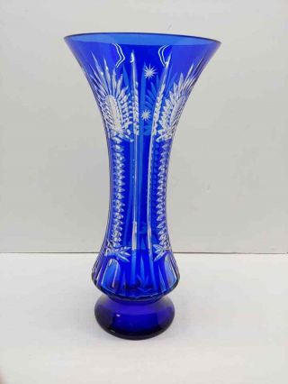 Vintage Cobalt Blue Cut To Clear Glass Large 12 " Tall Vase Stunning L@@k