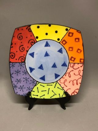 Pat Koszis Modern Studio Art Pottery Abstract Hand - Painted Square Plate Signed