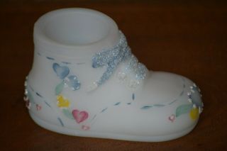 Fenton Hand Painted Satin Glass Baby Shoe With Shoelaces & Hearts