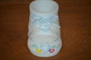 Fenton Hand Painted Satin Glass Baby Shoe with Shoelaces & Hearts 2