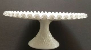 Fenton Silvercrest Sipanish Lace Milk Glass Pedestal Cake Plate 10 3/4” Diameter