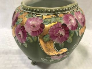 Antique Unmarked Nippon Porcelain Heavy Moriage Pink 3 Footed Rose Bowl Green