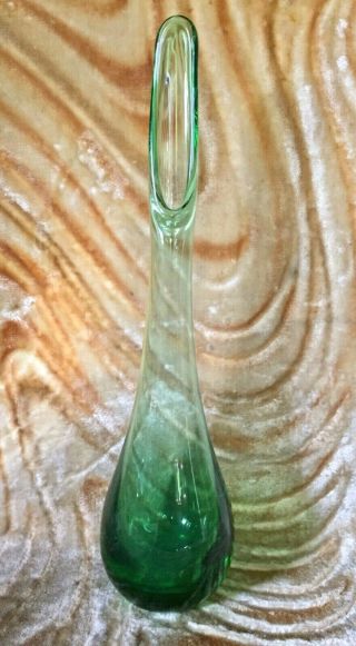 Vtg Mid - Century Modern 12 1/2 " Green Swung/stretch Art Glass Vase Weighted Base