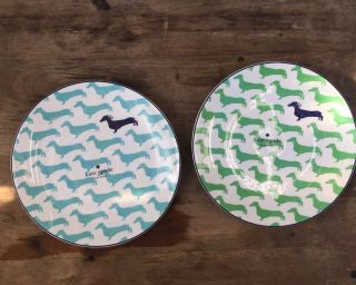 (2) Kate Spade Wickford Dachshund Dog Turquoise 9 Inch Plates Green & Blue
