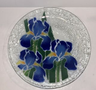 Gorgeous Signed Peggy Karr Fused Art Glass Blue Iris 8 1/4 " Bowl