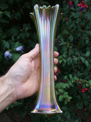 Carnival Glass.  Northwood Russet Green Four Pillars Vase.  Great Iridescence.  Vgc