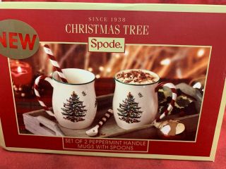 Spode Christmas Tree Peppermint Handled Mugs With Spoon Made In England Nib Pair