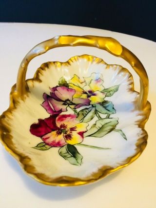 Antique Limoges Coronet France Handled Celery Dish Bowl Floral Gold