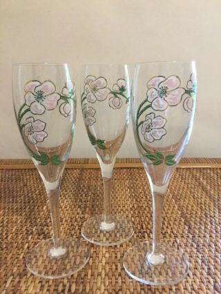 Perrier Jouet Champagne Flutes 7 1/2” Hand Painted Set Of 3