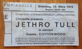 Jethro Tull.  Vintage Ticket Munich 1973 Led Zeppelin Jimi Hendrix Pink Floyd