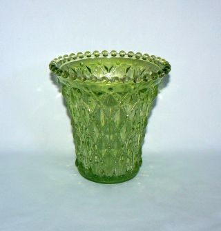 Green Glass 5 " X 5 " Diamond & Ball Pattern Utensil Pen Holder Candy Dish Vase