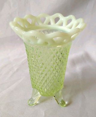 Imperial Glass Vaseline Green Katy 5 " Footed Opalescent Lace Edge Vase