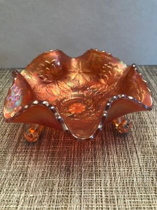 Antique Fenton Lions Carnival Glass Ruffled Bowl Leaf And Flowers