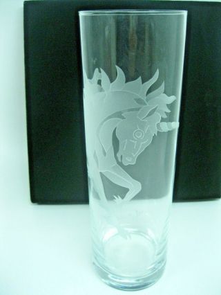 Vintage Perry Coyle Clear Crystal Round Vase W Etched Unicorn Horse Signed