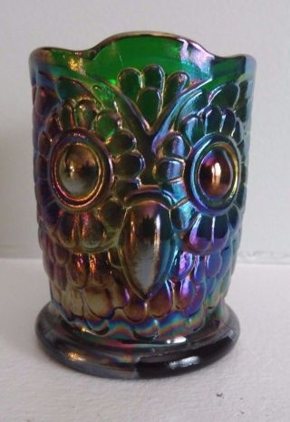 Bob St.  Clair Art Glass Green Carnival Owl Toothpick Holder Iridescent Marked