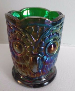 Bob St.  Clair Art Glass Green Carnival OWL Toothpick Holder Iridescent Marked 2