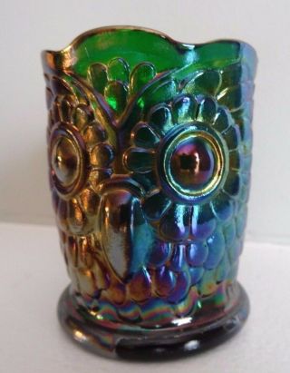 Bob St.  Clair Art Glass Green Carnival OWL Toothpick Holder Iridescent Marked 4