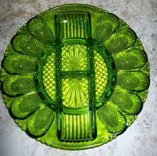 L.  E.  Smith Vintage Green Glass Deviled Egg Relish Serving Tray Divided Heavy