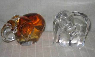 Crystal Art Glass Elephants One Clear & One With Amber Paperweights