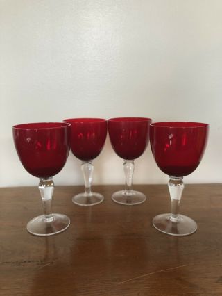 Vintage Ruby Red Glass Set Of 4 Water Glasses Goblets Stemware Vgc