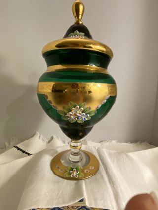 Vintage Art Deco Bohemian Czech Green Glass Compote Candy Dish Hand Painted 10”