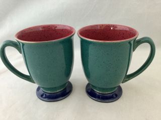Set Of 2 Denby Harlequin Green Red Blue Speckled Footed Coffee Mug / Tea Cup