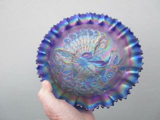 Northwood Peacocks On Fence Carnival Glass Electric Blue 9 Inch Bowl
