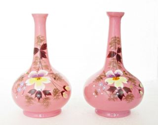 Antique Pink Opaline Glass Vases,  Enamelled Flowers,  Gilding