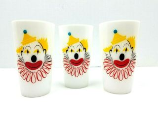 Vintage Set Of 3 Hazel Atlas Milk Glass Tumblers With Clown Faces