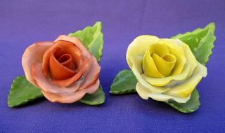 2 Vtg Herend Rose Flower Place Card Holders Porcelain Figurine Hungary