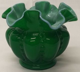 Fenton Prelogo Beaded Melon Emerald Green Ivy Overlay Art Glass Vase Rose Bowl
