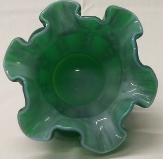Fenton PreLogo BEADED MELON Emerald Green Ivy Overlay Art Glass Vase ROSE BOWL 2