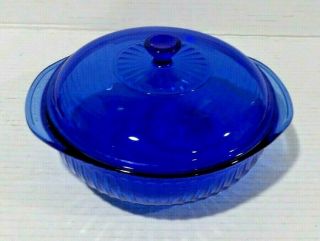 Vtg Pyrex 2 Qt.  024 - S Cobalt Blue Ribbed Glass Ovenware Round Casserole Dish W/l