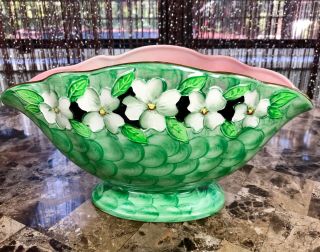 Vintage Maling Green Luster Dogwood Flowers Pink Interior Bowl Vase
