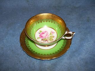 Gold Green Warrant Appoint Queen Paragon Large Pink Rose Tea Cup Saucer A4023/1