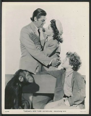 1942 Photo Johnny Weissmuller As Tarzan The Ape Man W/ Jane & Cheeta