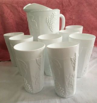 Vintage Indiana Colony Harvest Grape Milk Glass Pitcher And 8 Tumblers
