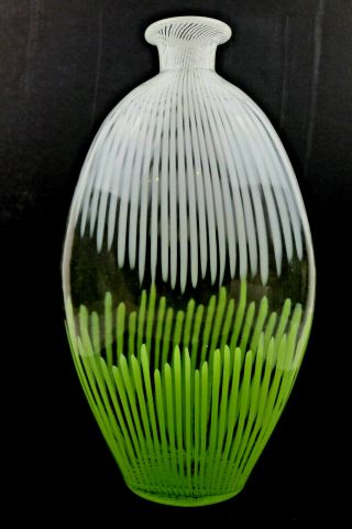 Hand Blown Modern Art Glass Clear Green & White 16 " Vase