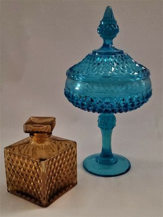 Pair Vintage Mid Century Modern Mod Art Glass Candy Dish Amber Blue Italian