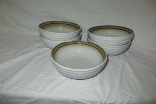 5 Noritake Stoneware Fanfare 6 1/2 " Soup/cereal Bowls Beige W/brown Bands,  8621