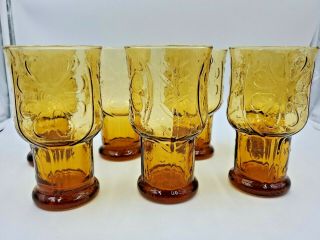 8 Vintage Libbey Amber Country Garden Daisy Flower 6 " Tall Water Tea Glasses