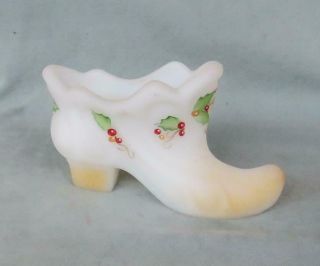 Fenton Satin Glass Slipper/shoe With Hand Painted Holly - Christmas
