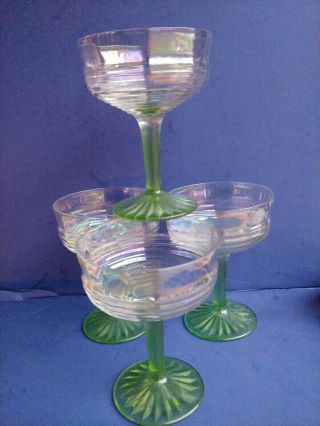Vtg Anchor Hocking Circle Green Iridescent Tall Champagne/Sherbet Glasses - 4 2