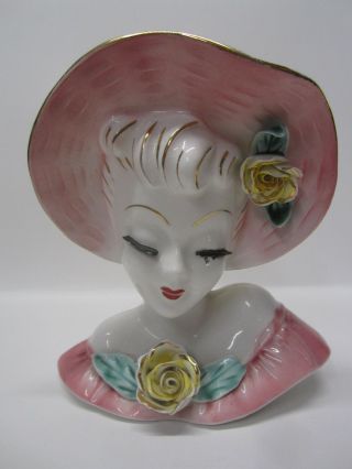 Vintage Napco Japan 5 - 1/2 " Lady Head Vase Wall Pocket Pink W/ Flowers