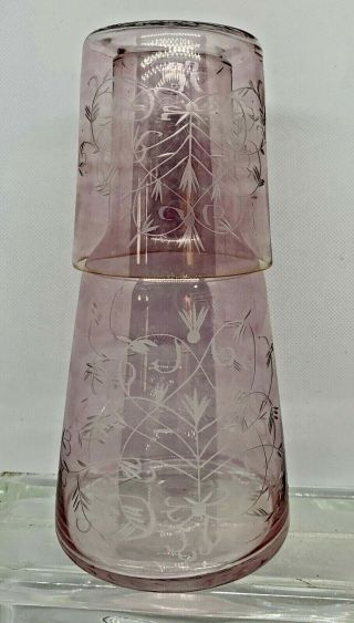 Vintage Pink Etched Depression Glass Tumble - Up Bedside Carafe & Tumbler 7 1/2 "