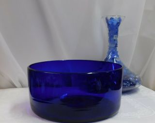 Large Cobalt Blue Hand Blown Glass Bowl W/ Rough Pontil - Clear Finish