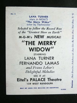 1952 Postacrd Advertises Lana Turner in 